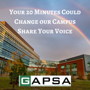 Text "Your 20 minutes could change our campus. Share your voice" over image of a rainbow over campus